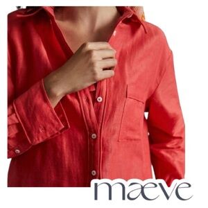Maeve | Coral Red Linen Cotton Long Sleeve Button Shirt